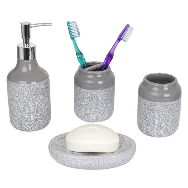 Home Basics Crackle 4 Piece Ceramic Bath Accessory Set, Grey BA41933